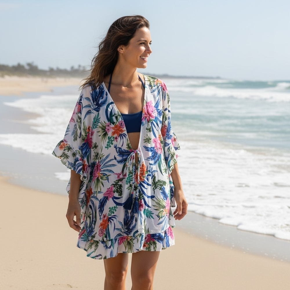 CLUB Z COLLECTION | Boho Tropical‎ Floral Beach Poncho V-Neck Swim Cover Up | L